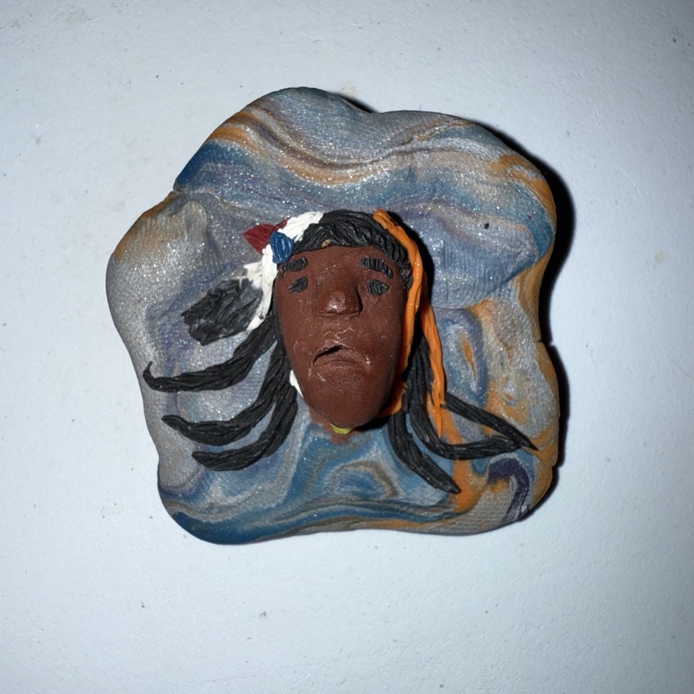 VTG Native American Face Clay Pottery Brooch Pin